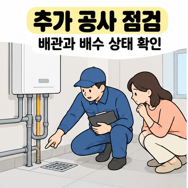 추가 공사 점검과 배관과 배수 상태 확인 문구 아래 기존 보일러의 배관과 바닥 배수구를 가리키는 설치 담당자와 집주인