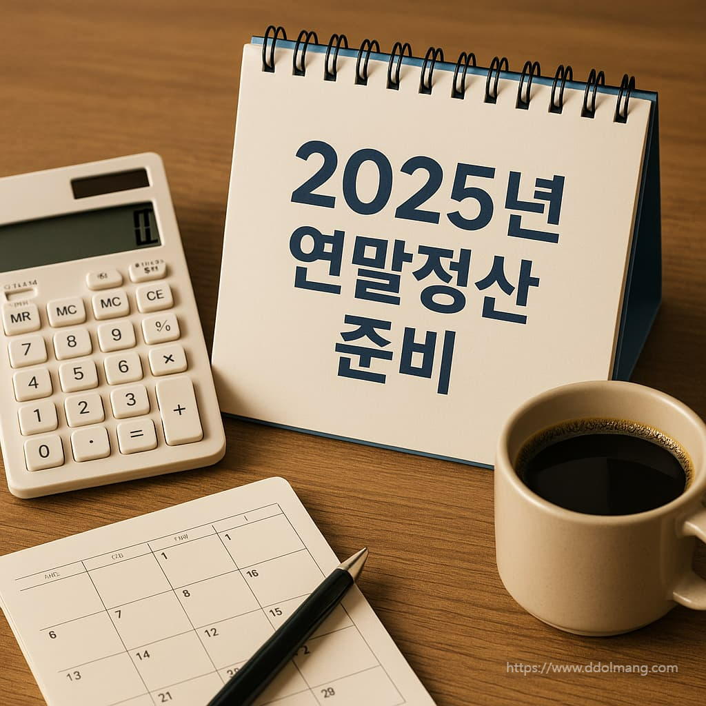 2025년 연말정산 준비, 홈택스 간소화 일정, 절세 꿀팁을 상징하는 계산기와 달력이 있는 이미지