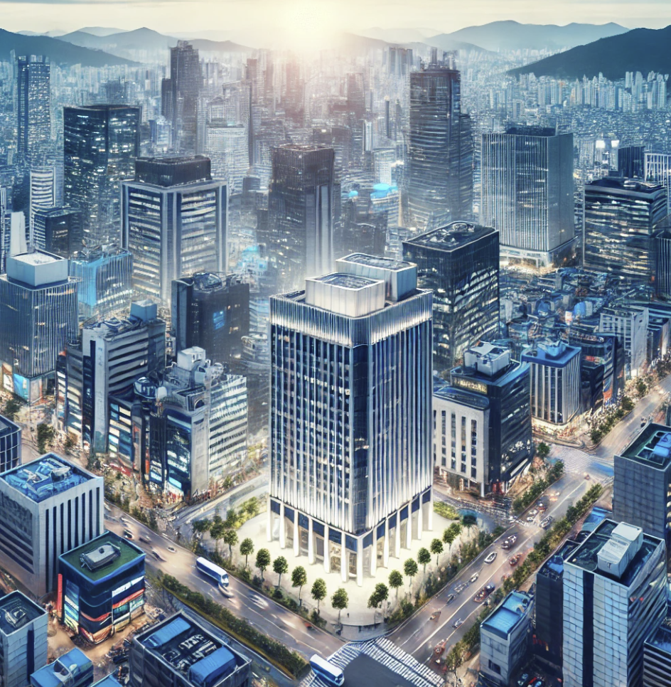 금융 및 세무 중심지로 보이는 활기찬 비즈니스 거리