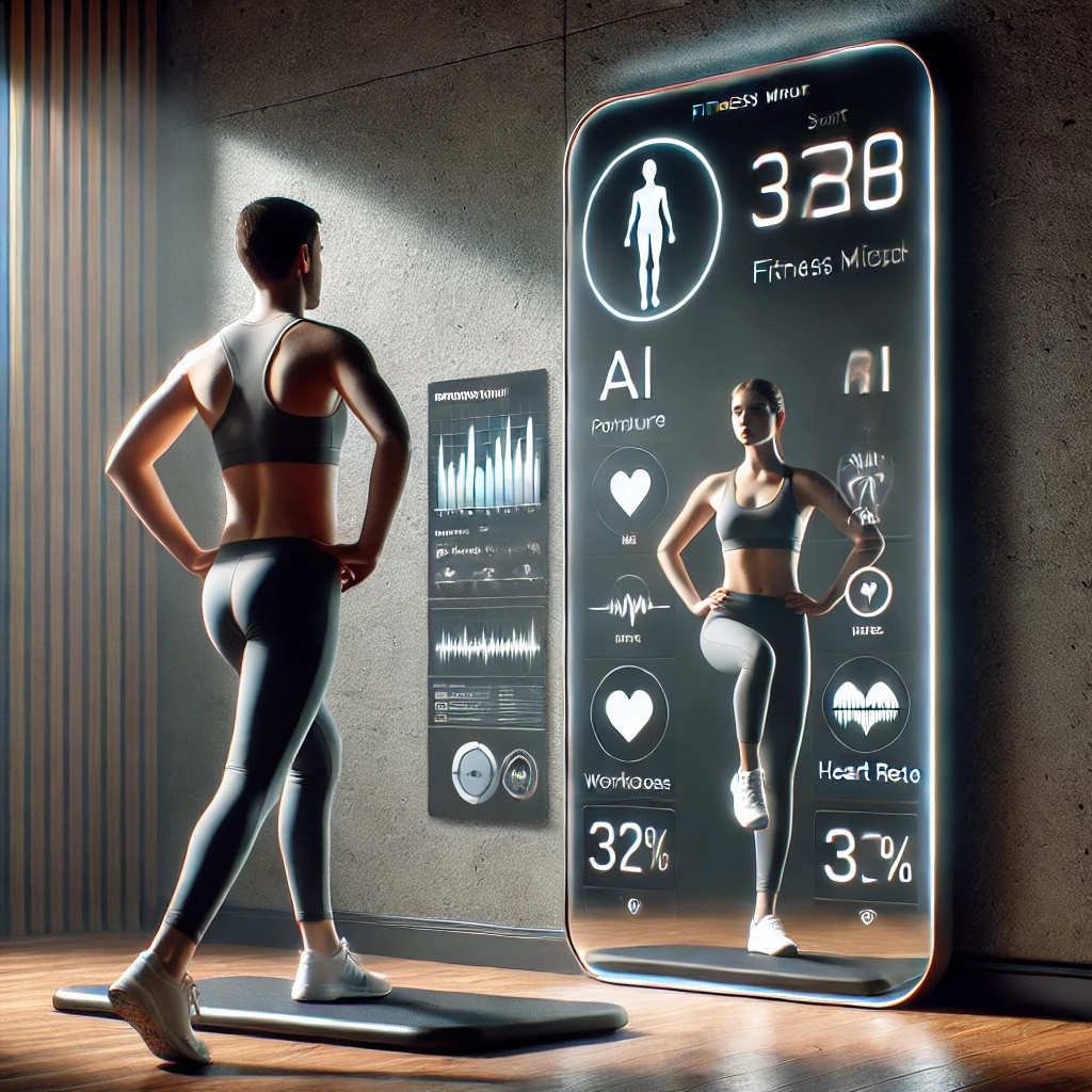 스마트 피트니스 미러 앞에서 운동하는 사람의 모습 - AI 코칭 화면이 보이는 장면