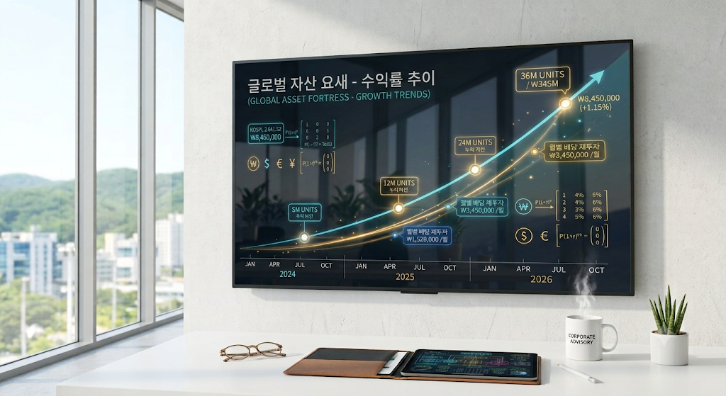세련된 모던 오피스 데스크 위에 놓인 태블릿 PC 화면에 선명하게 찍힌 패시브 ETF 연금저축·IRP 복리 재투자 및 시간 사수 시뮬레이션