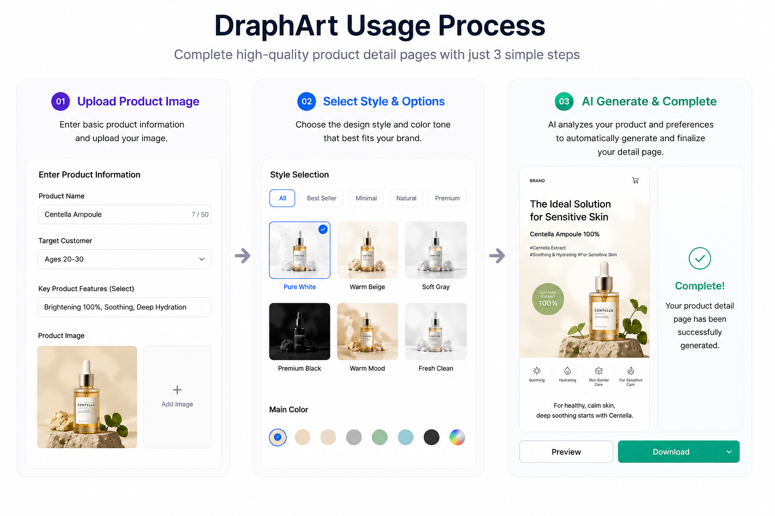 How to Use Draph Art:
1. Upload an image
2. Select a style and options
3. Generate and complete automatically