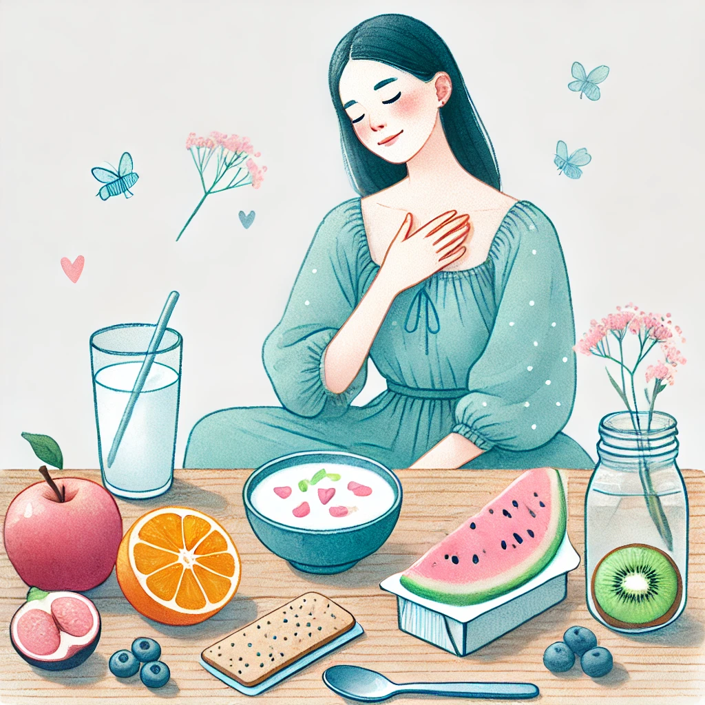 건강한 아침 식사를 하는 아시아 여성 – 요거트, 과일 등 장에 좋은 식단 강조