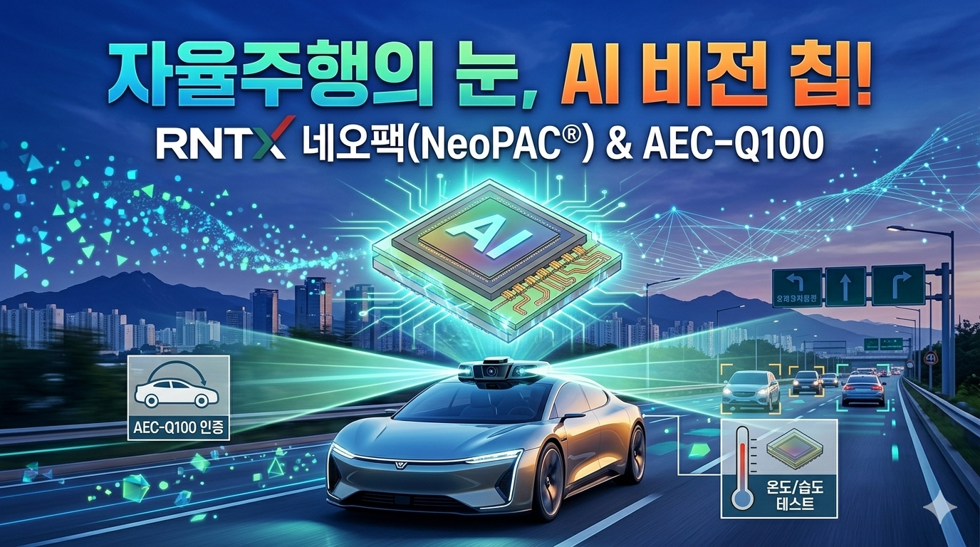 자율주행차 전면에 장착된 지능형 카메라 센서와 인공지능 비전 기술을 상징하는 반도체 칩 이미지