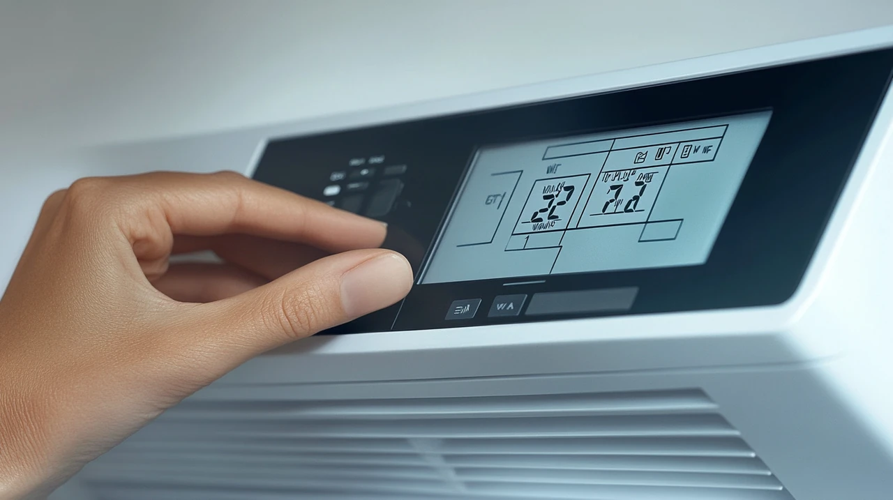 스탠드 에어컨의 디지털 제어 패널에서 에너지 효율성을 확인할 수 있는 화면으로, 최근 기술과 현대적인 디자인의 조화를 강조합니다.