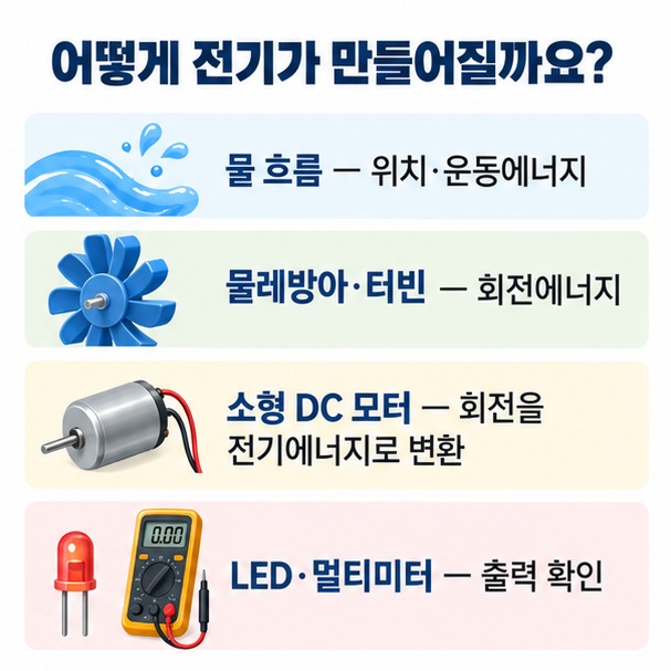 물 흐름 물레방아 회전 소형 DC 모터 발전 LED 점등으로 이어지는 수력 발전 에너지 변환 원리를 설명한 이미지