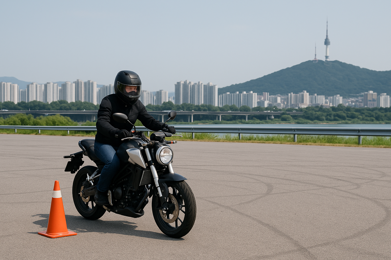 서울 외곽 한적한 공터에서 바이크 연습 중인 초보자