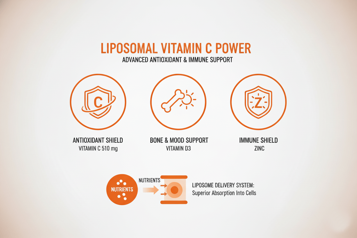 리포좀 비타민C 파워 인포그래픽: 비타민C 510mg&middot;비타민D3&middot;아연, 항산화&middot;뼈&middot;면역 지원