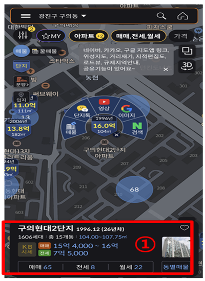 거래할 아파트 단지를 선택하고 세부정보를 볼 수 있는 항목을 선택하는 방법을 표시한 그림