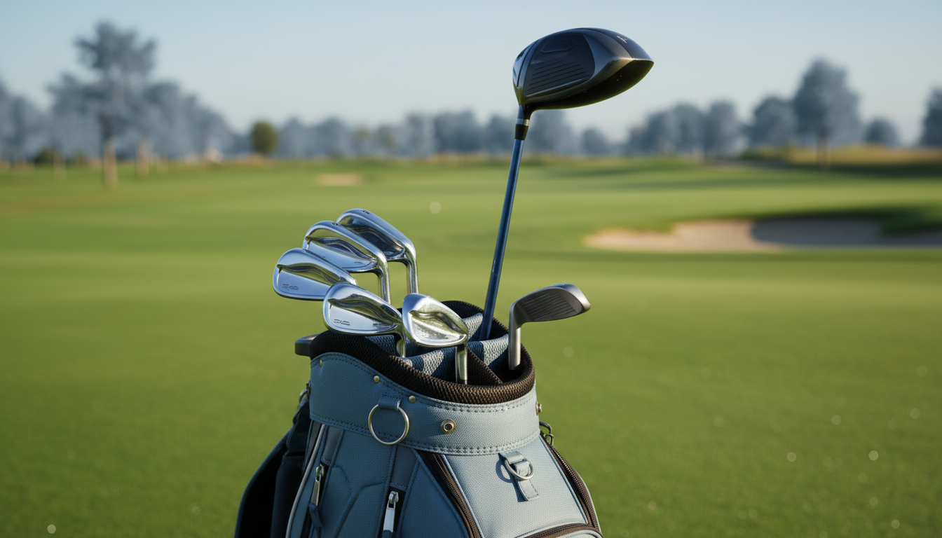 푸른 골프 코스를 배경으로 놓인 앤서니 킴 스타일의 골프백과 아이언, 드라이버, 퍼터 클럽이 정갈하게 담겨 있는 모습