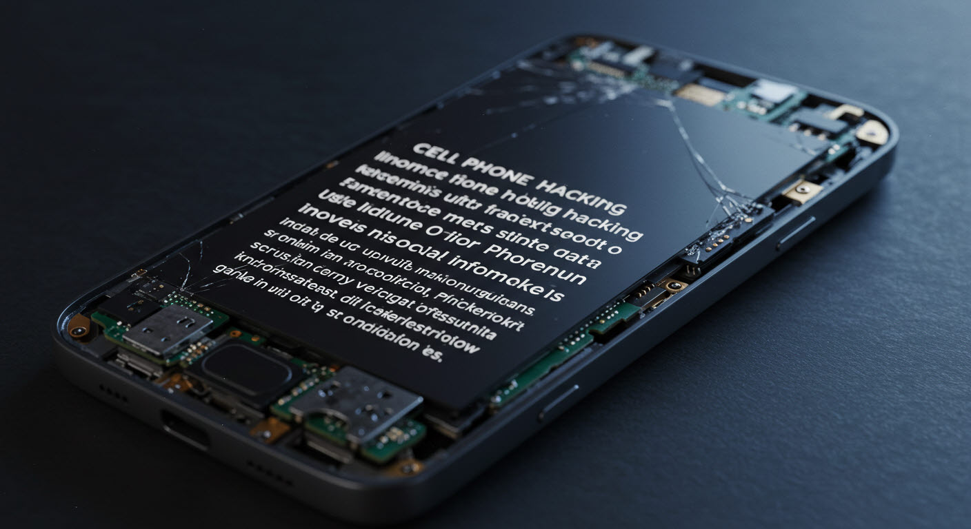 휴대폰이 뒷면이 오픈이 되어있고 해킹이라는 문구가 있는 사진