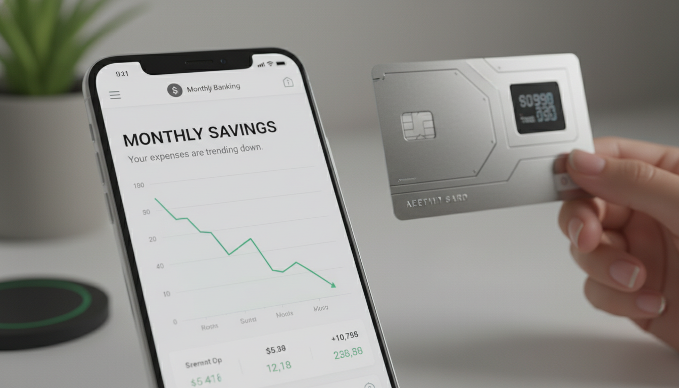 스마트폰 뱅킹 앱으로 생활비 지출이 꾸준히 줄어드는 그래프를 확인하는 모습