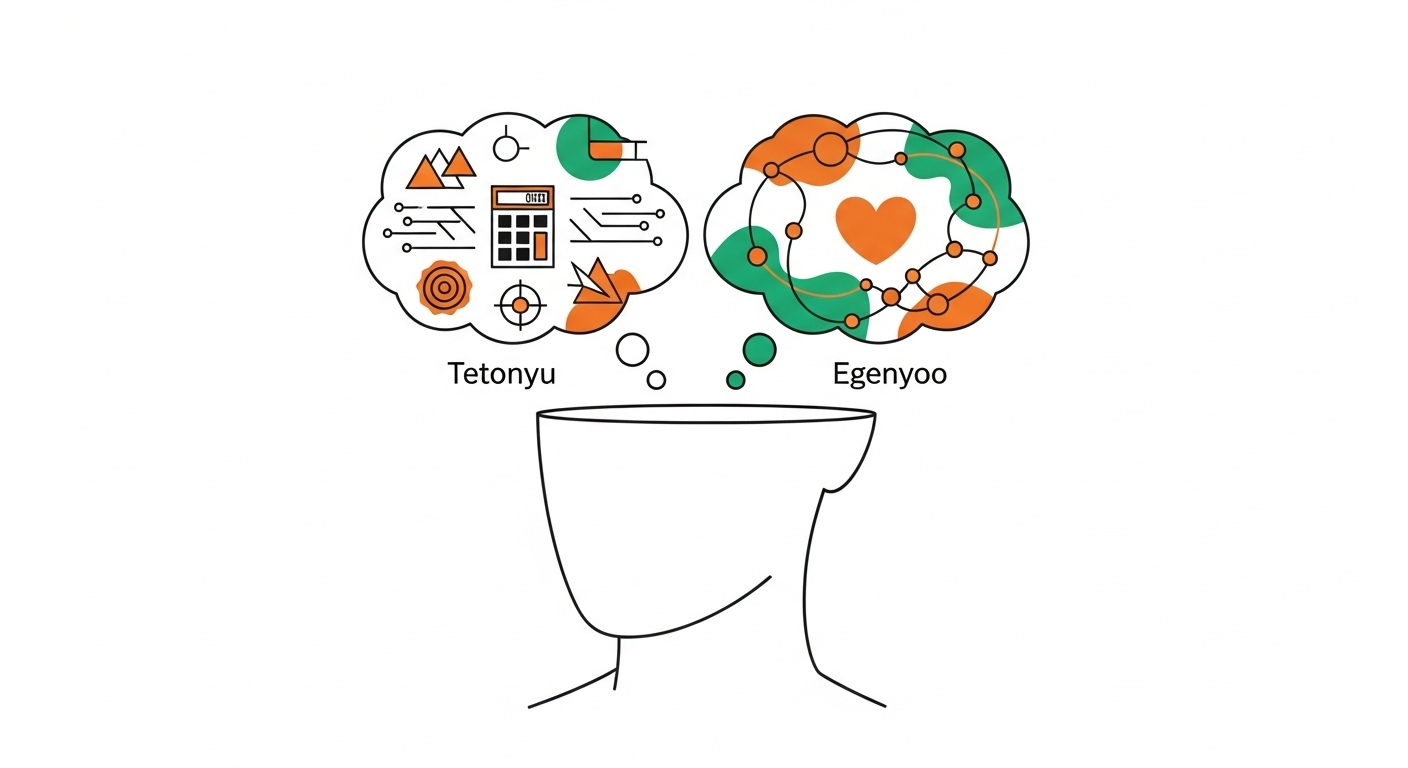 테토녀의 이성적인 사고방식과 에겐녀의 감성적인 사고방식을 시각적으로 대비한 추상적인 일러스트.
