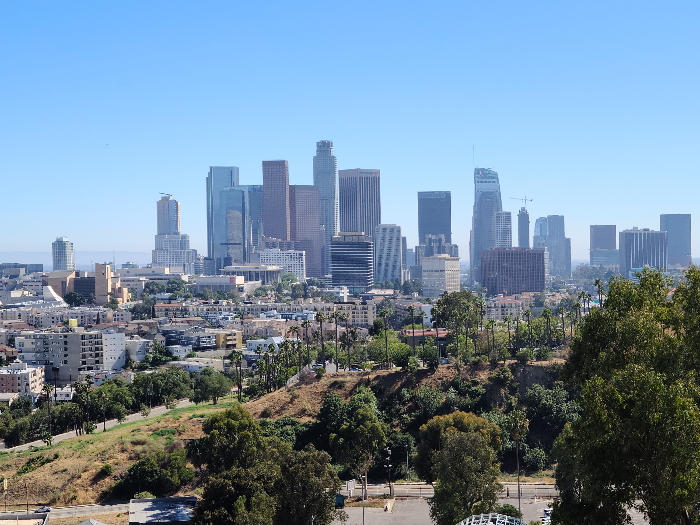 다운타운의 높은 빌딩들이 꽤 크게 보이고&amp;#44; 앞쪽으로는 나무들과 도로가 보인다. 