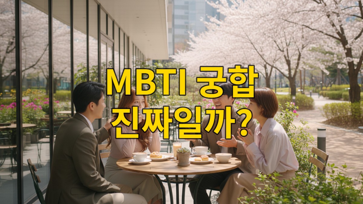 다양한 MBTI 유형의 한국인들이 카페에서 서로 소통하며 관계를 형성하는 모습.