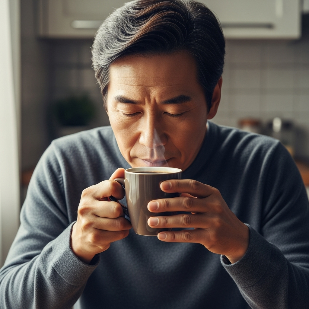 한 50대 한국인 남성이 아침 햇살이 드는 창가에서 커피 향을 맡으며 잠시 생각에 잠긴 모습