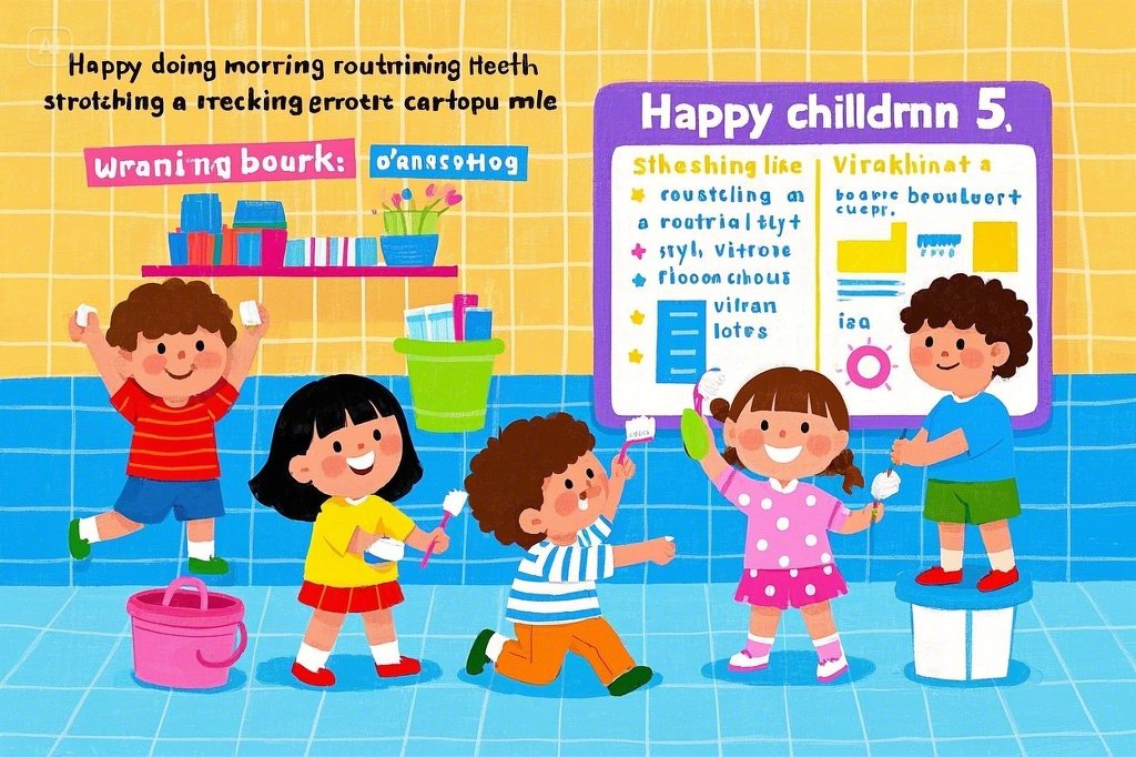 아침 루틴을 즐기는 다양한 연령대의 아이들 일러스트