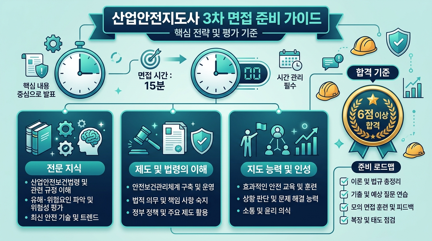 산업안전지도사 3차 면접 준비 전략 — 15분 면접 3가지 평가항목별 준비법 인포그래픽