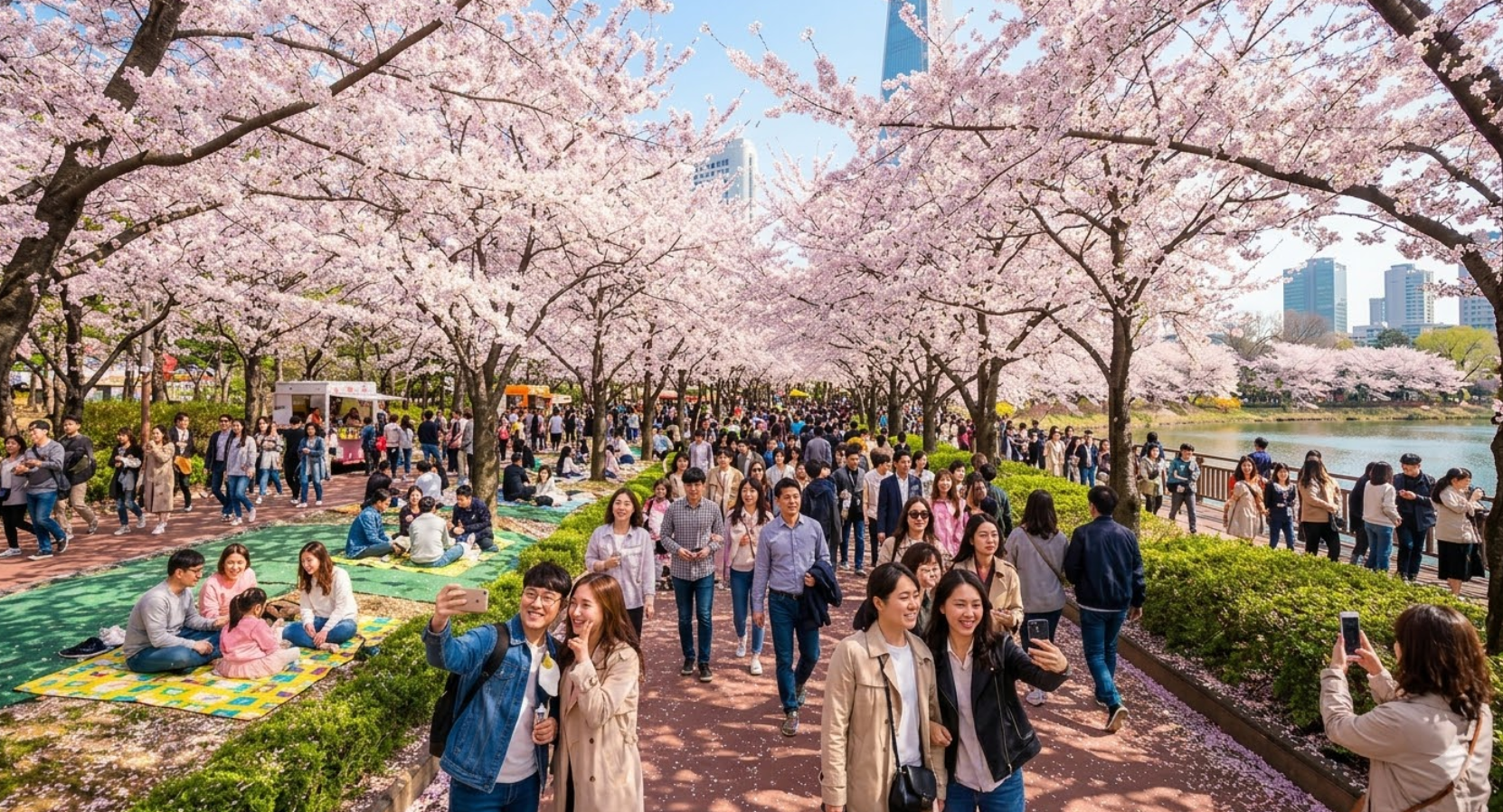 봄바람에 흩날리는 벚꽃잎과 미세먼지 꽃가루가 걱정되는 봄나들이 축제 현장
