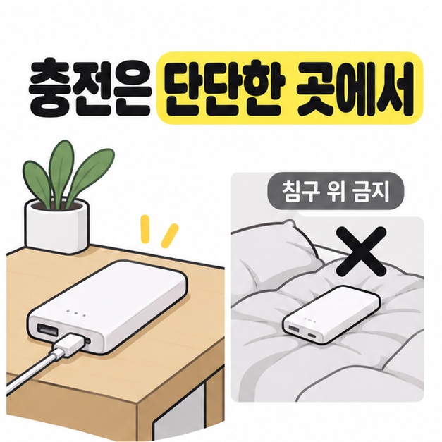 단단한 책상 위에서 충전하는 보조 배터리와 침구 위 배터리에 금지 표시를 한 비교 그림