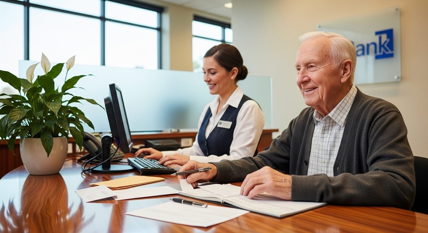 고령 남성이 은행 창구에서 직원과 함께 서류를 검토하는 장면