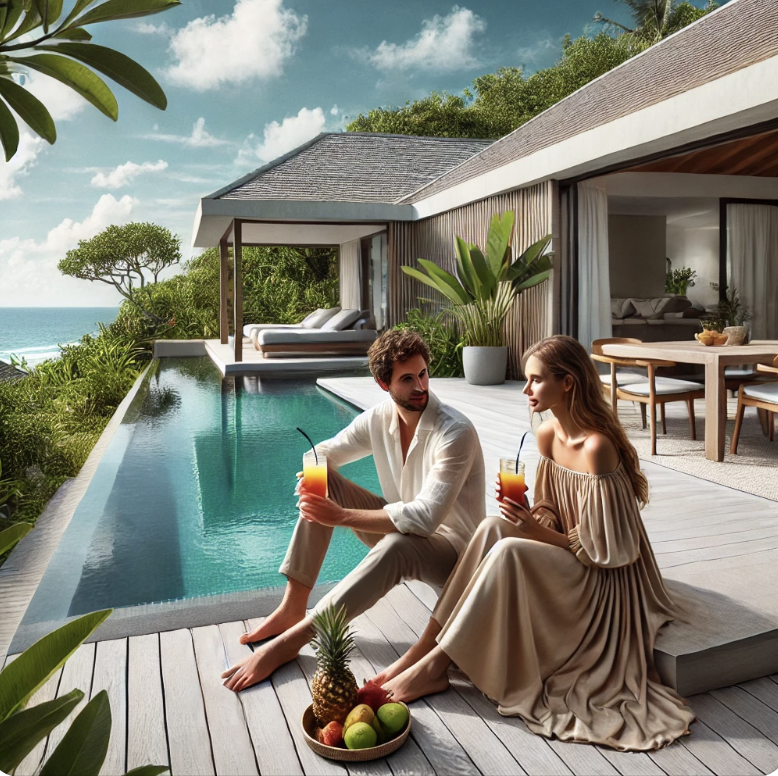 스위트룸, 풀빌라에서 휴양하는 커플 사진