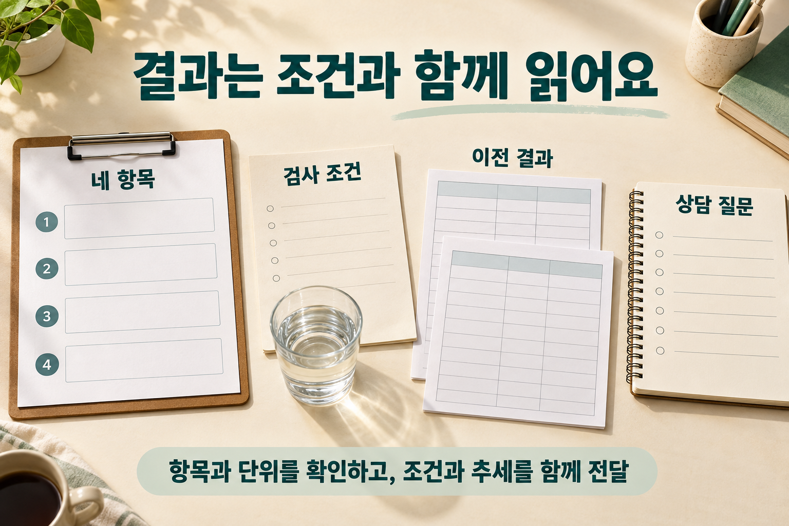 결과지·검사조건·과거자료·질문을 함께 정리한 구성