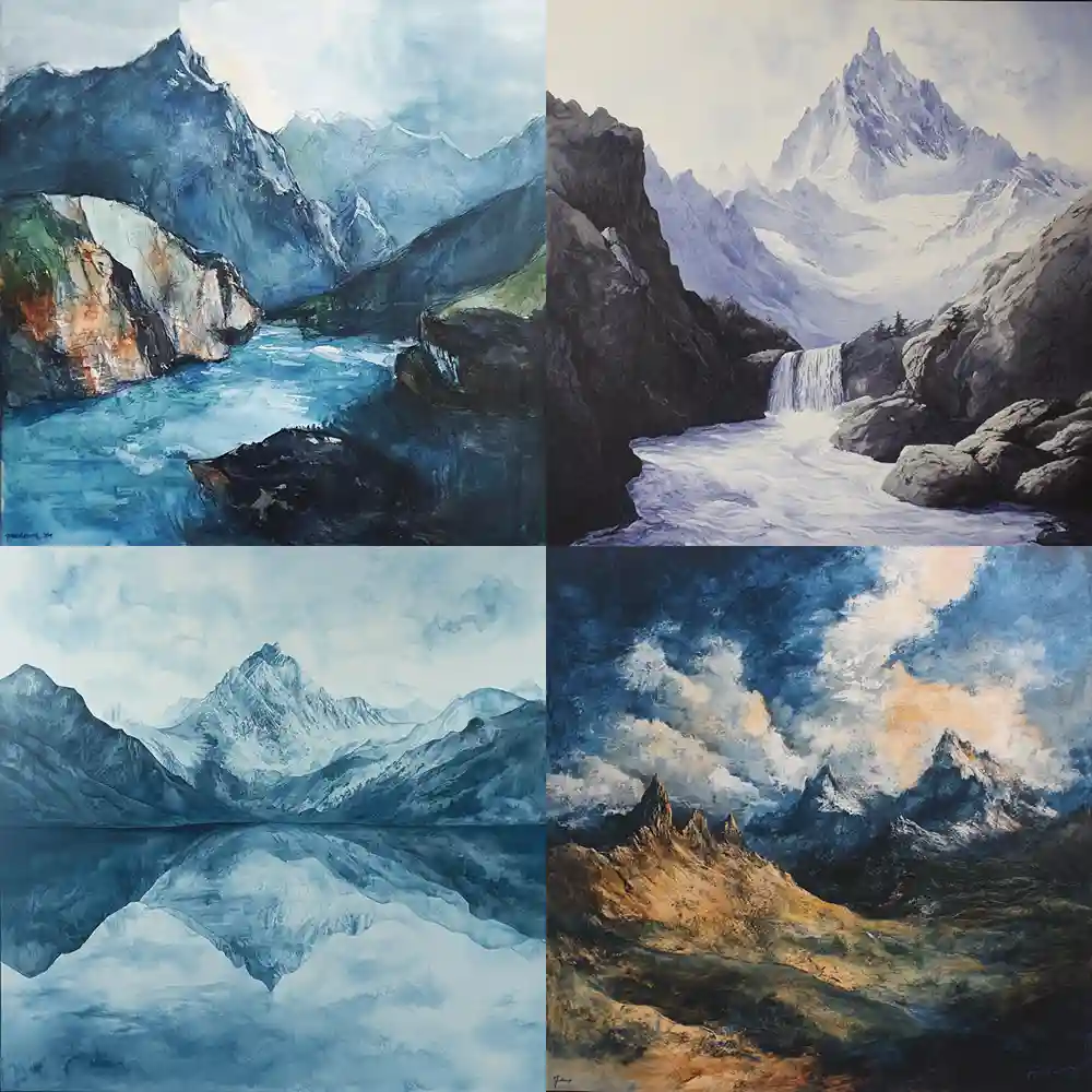 Landscape watercolor painting:: mountain::2 water::1 trees::-0.5