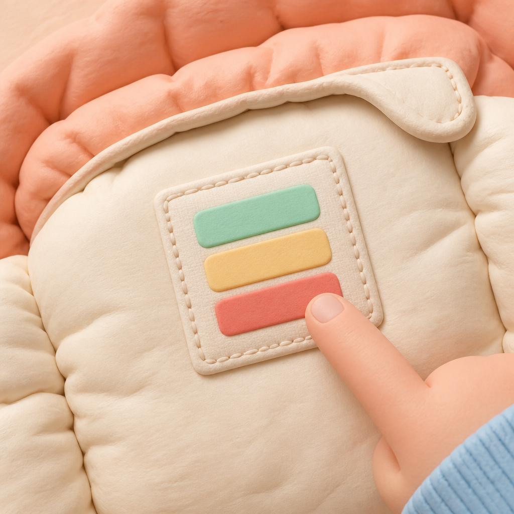 침낭 라벨에 그려진 온도 막대 세 칸을 손가락으로 짚는 모습