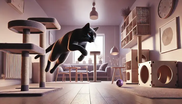 점프하거나 사냥 자세를 취한 고양이, 실내 장난감이 있는 아늑한 공간