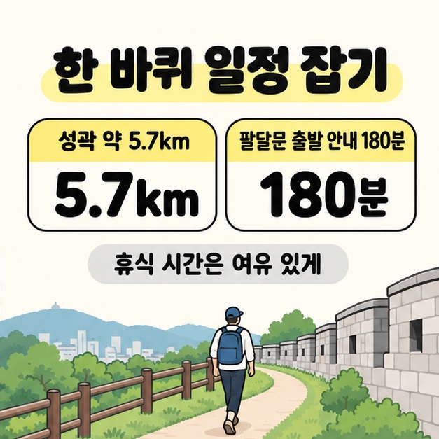 성곽 약 5.7km와 팔달문 출발 안내 180분을 크게 표시하고 휴식 시간은 여유 있게 잡으라는 문구와 성곽길 산책 삽화를 배치한 이미지