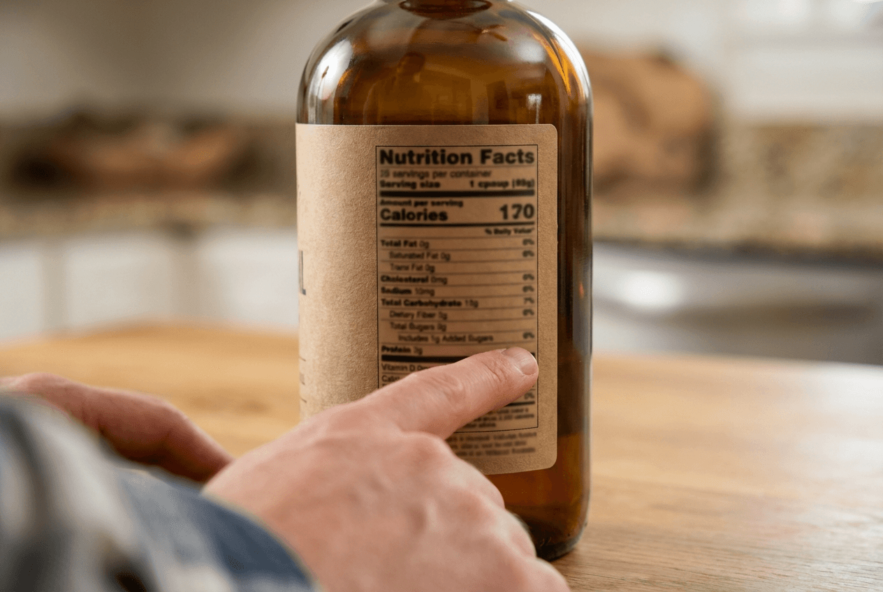 영양제 라벨의 성분표를 손가락으로 짚는 장면을 클로즈업으로 담아 아슈와간다 제품 선택에서 라벨 확인이 중요함을 보여준다