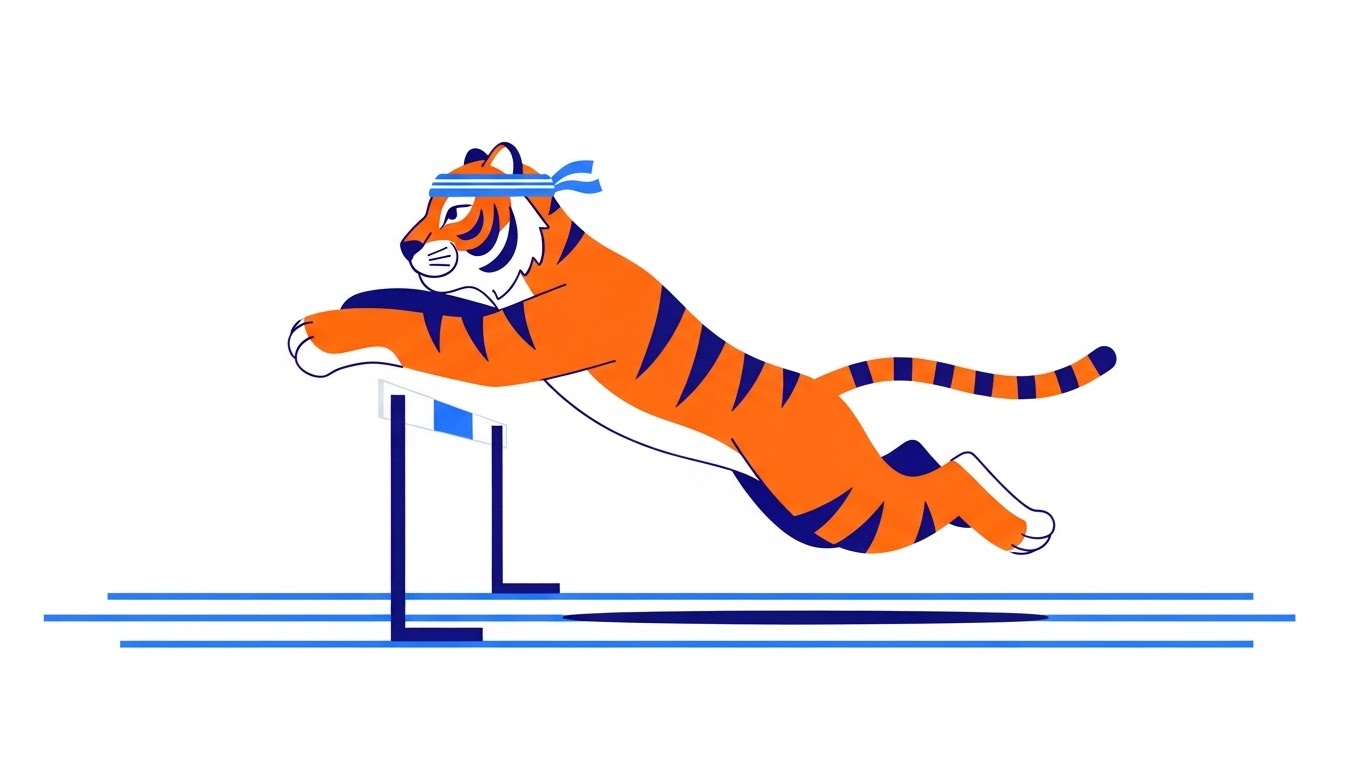 트랙 위에서 장애물을 뛰어넘으며 힘차게 도약하는 자신감 넘치는 호랑이 캐릭터 일러스트