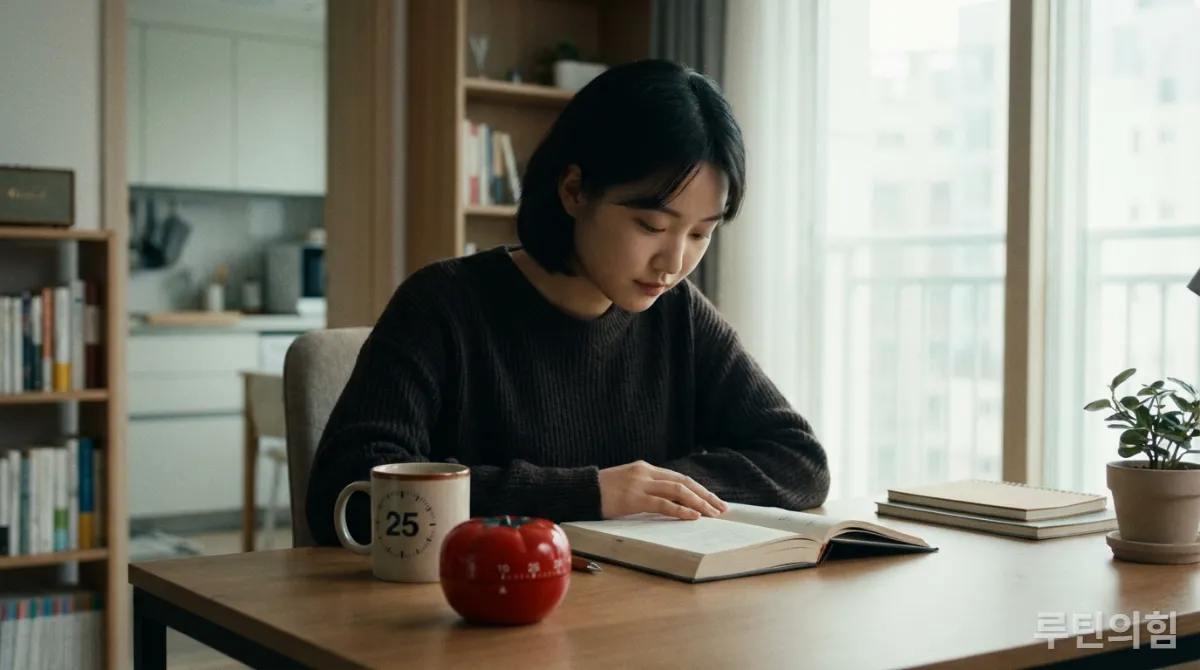 포모도로 타이머와 함께 25분간 집중하여 공부하는 한국 학생