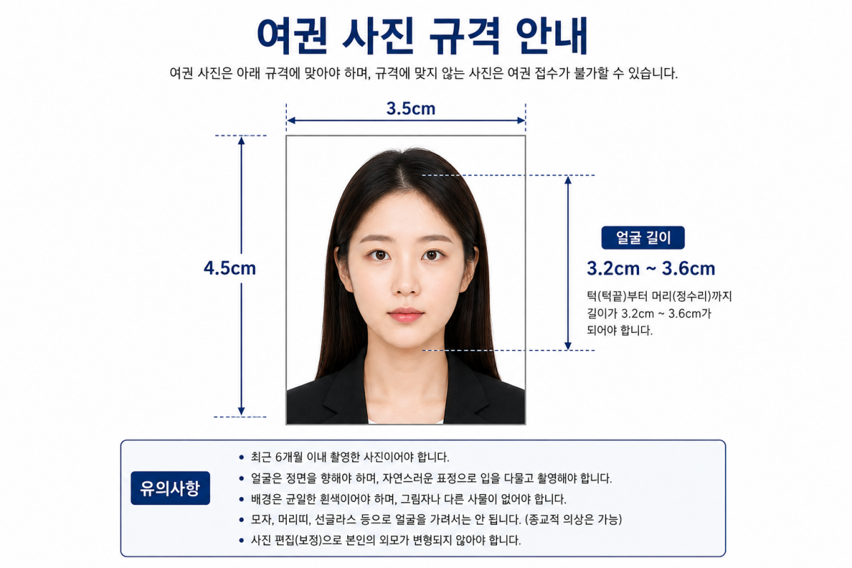 여권 사진 크기 3.5cm x 4.5cm와 얼굴 길이 기준 안내