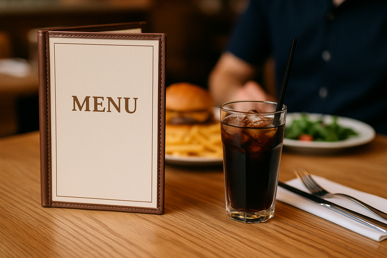 웨이터와 대화하며 음식을 주문하거나 테이블에서 식사를 기다리는 사람들을 묘사한 일러스트입니다. 영어로 자연스럽게 주문하는 분위기를 잘 보여줍니다.