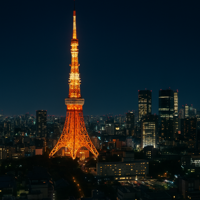 도쿄타워는 333m 높이의 방송탑이자 에펠탑을 모티브로 설계된 랜드마크