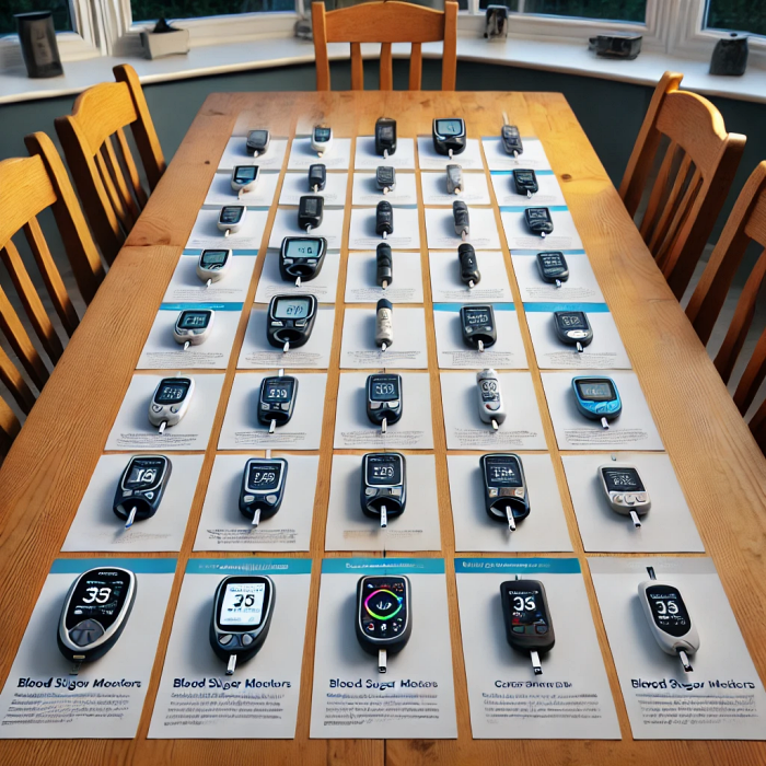 식탁 위에 나란히 놓인 아큐첵&amp;#44; 케어센스 N&amp;#44; 포라 혈당 측정기의 비교 모습.