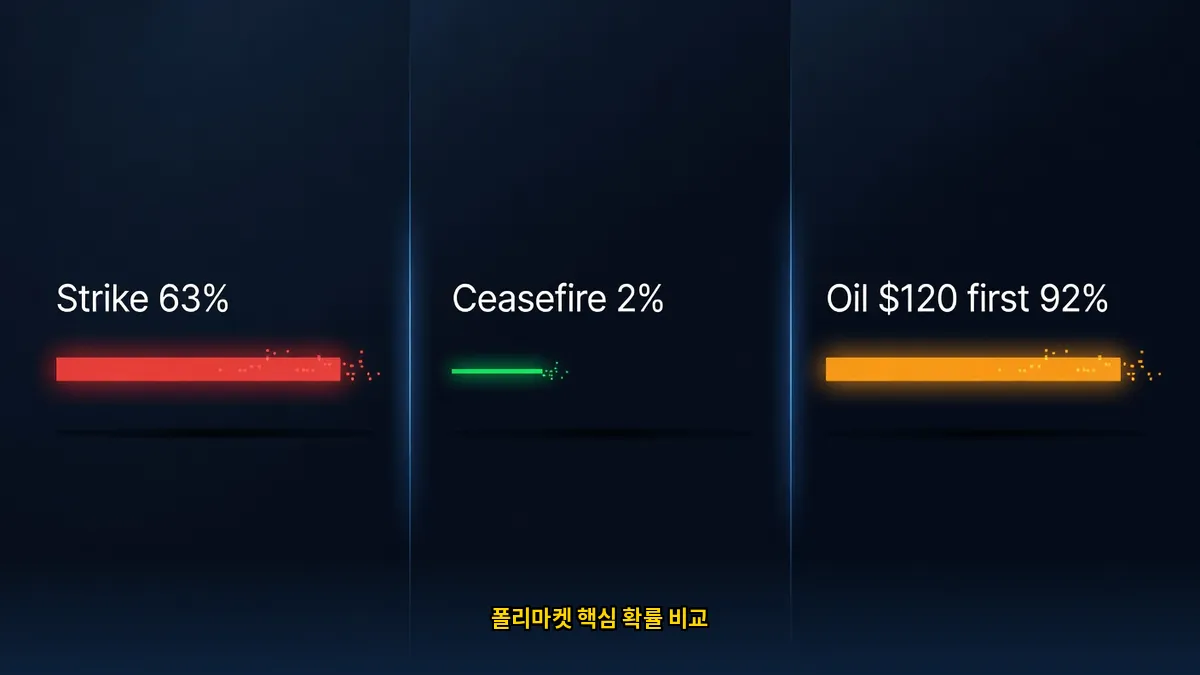 폴리마켓 이란전쟁 핵심 확률 비교 발전소 63% 유가 120달러 92%