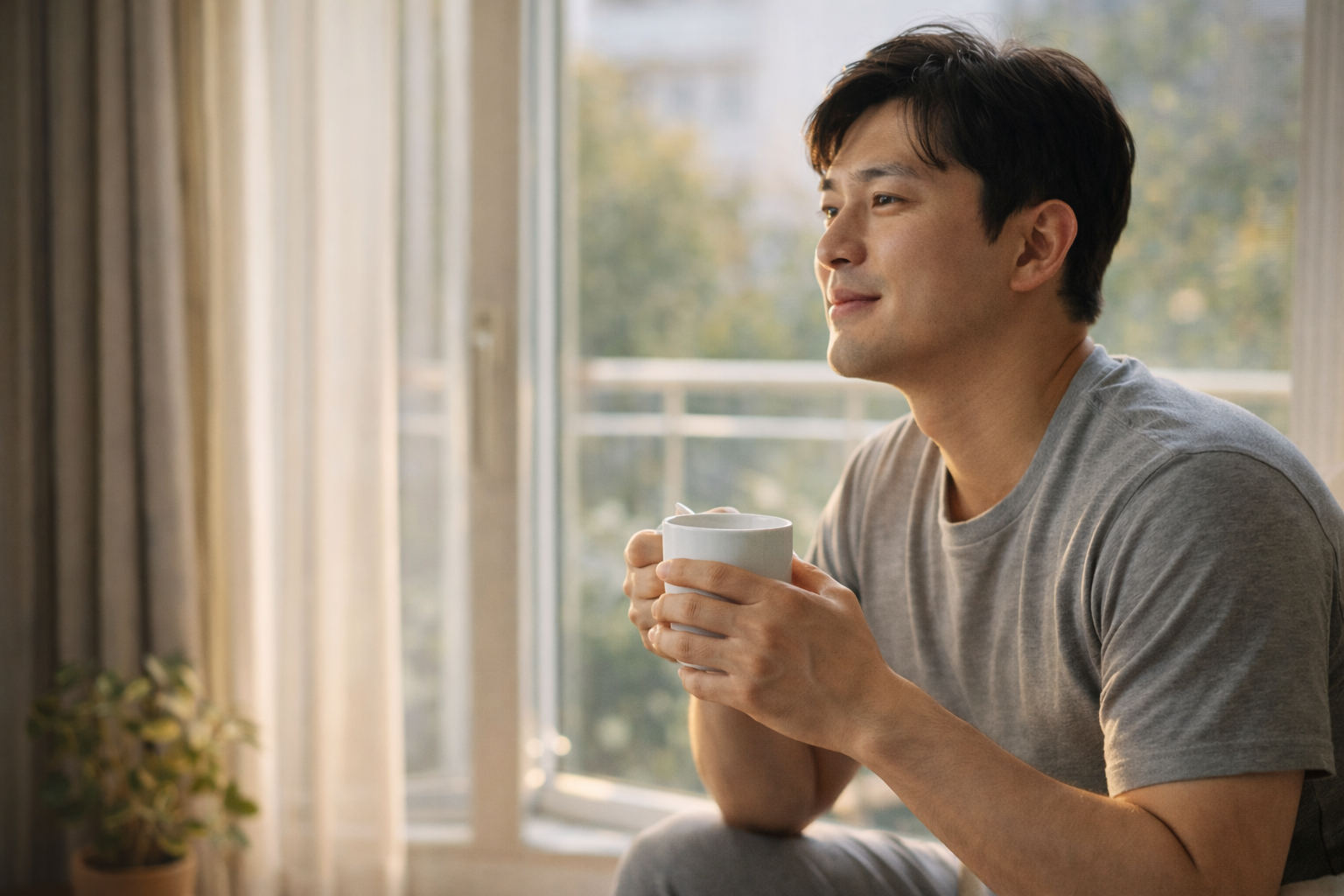 아침 햇빛이 들어오는 창가에서 따뜻한 차를 들고 차분한 표정을 짓고 있는 30대 남성