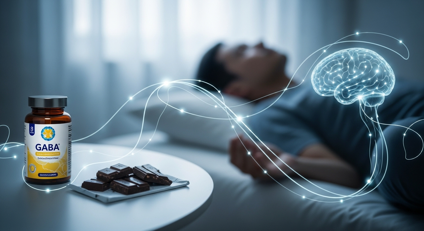 명상하는 사람 옆에 놓인 가바 보충제와 가바초콜릿, 평온하고 차분한 분위기로 스트레스 완화와 숙면을 상징하는 이미지