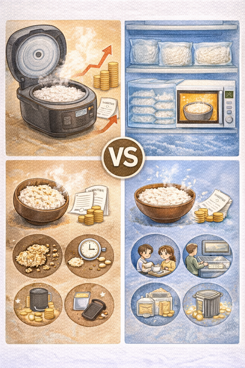 전기밥솥, 냉동밥 전자레인지가열 비교