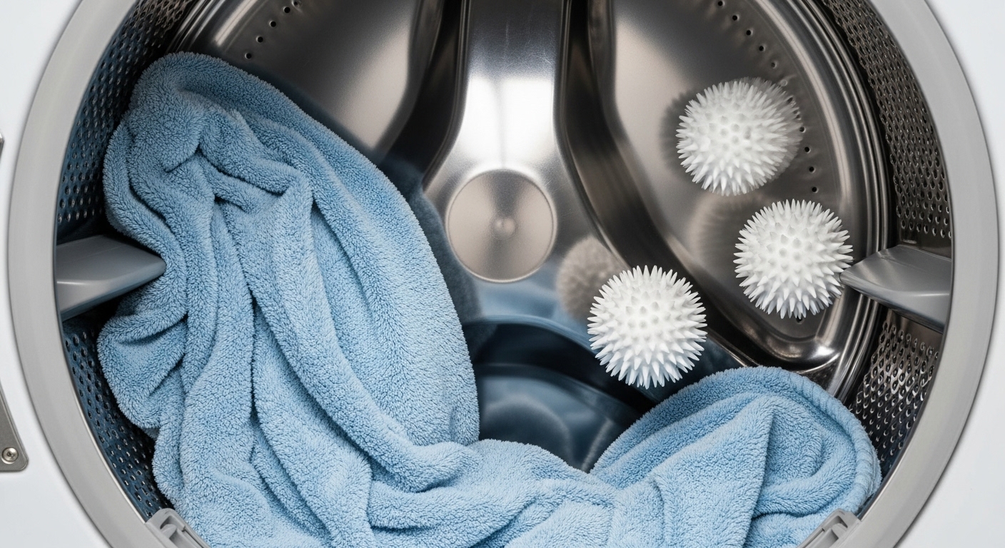 건조기 드럼 내부에서 극세사 이불과 드라이볼 세 개가 굴러다니는 모습