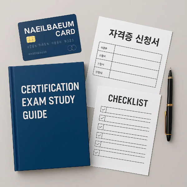 내일배움카드, 자격증 수험서, 신청서, 펜, 체크리스트 등이 깔끔하게 정돈된 스튜디오컷 이미지