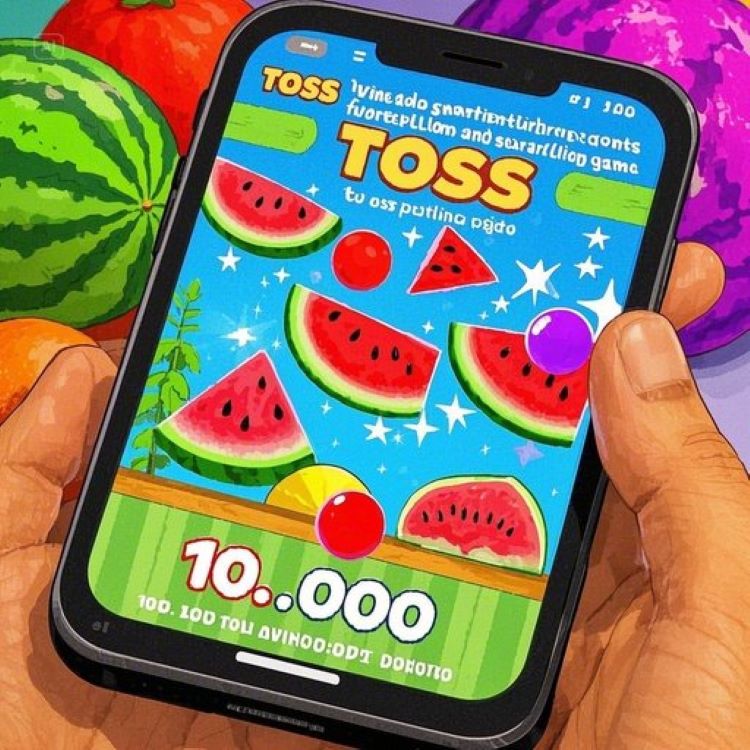 "스마트폰 화면에 토스 수박 게임, 색색의 과일과 수박이 반짝이는 장면. 배경에 토스 로고와 10만 포인트 그래픽, 활기차고 현대적인 금융 분위기.”