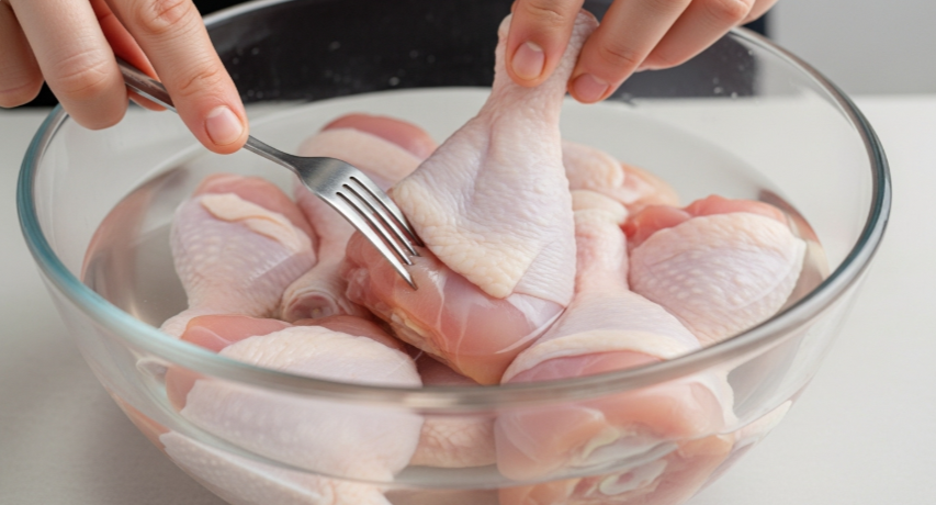 찬물에 담가 핏물을 빼고 있는 닭봉의 두꺼운 살 부분에 포크로 구멍을 내는 모습