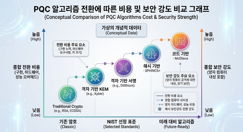 기존 RSA 대비 PQC 도입 시 발생하는 키 길이의 증가와 연산 부하 변화를 나타내는 차트 데이터