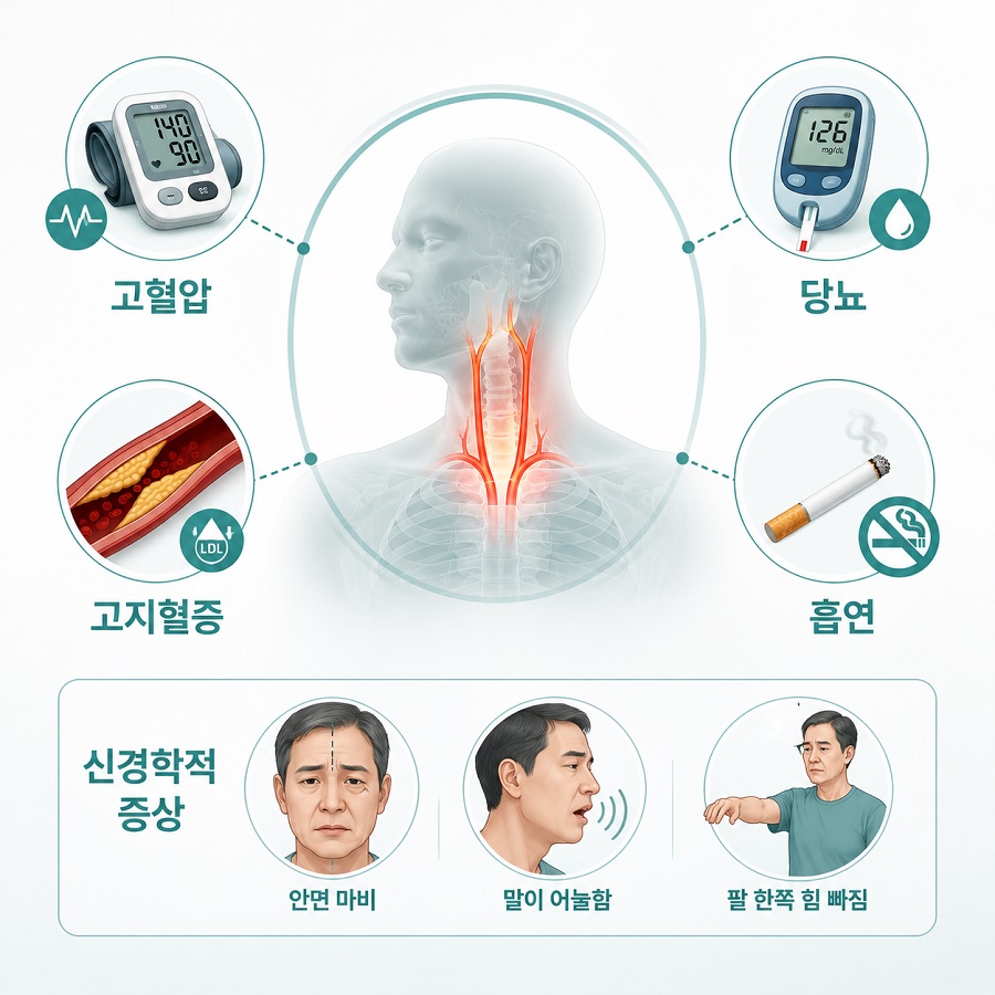 고혈압과 당뇨, 고지혈증, 흡연, 뇌혈관 증상을 경동맥 위험 요인으로 보여 주는 인포그래픽
