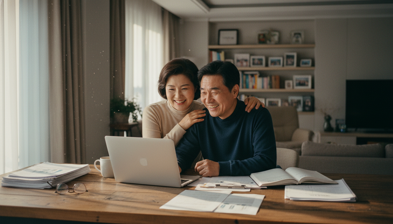 노트북과 서류가 놓인 나무 식탁에 앉아 재정 상태를 상의하며 안도하고 행복해하는 50대 한국 부부의 사실적인 장면. 부드러운 저녁 조명, 아늑한 집 분위기.