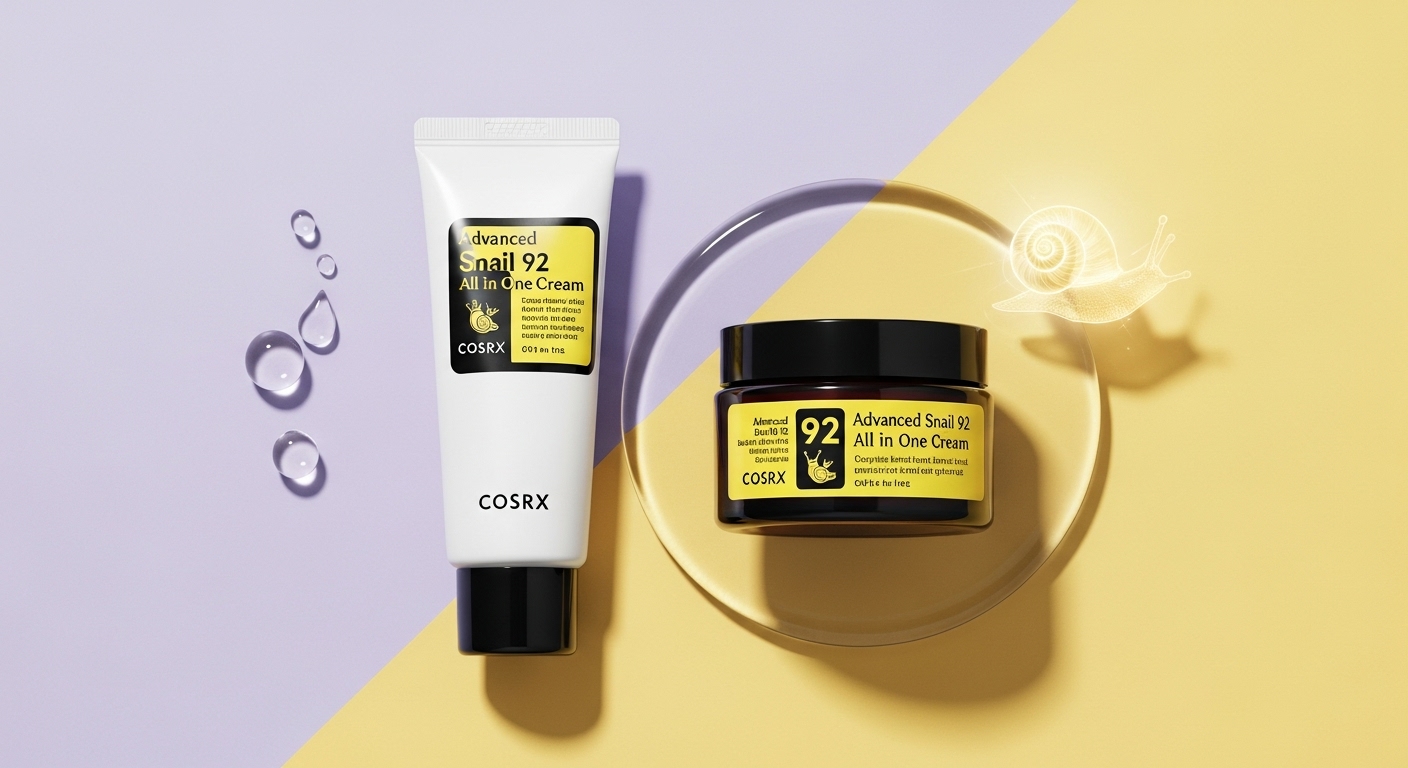 코스알엑스 어드벤스드 스네일 92 올인원 크림 튜브형과 단지형 용기가 퍼플-옐로우 배경에 놓여 있는 모습. 피부 관리와 관련된 부드럽고 깨끗한 이미지를 강조합니다.